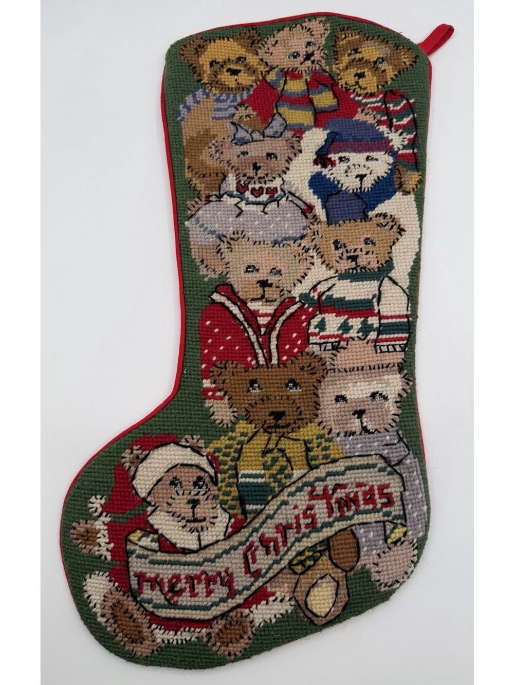 Vtg Needlepoint Stocking Teddy Bears Christmas Holiday Decor
